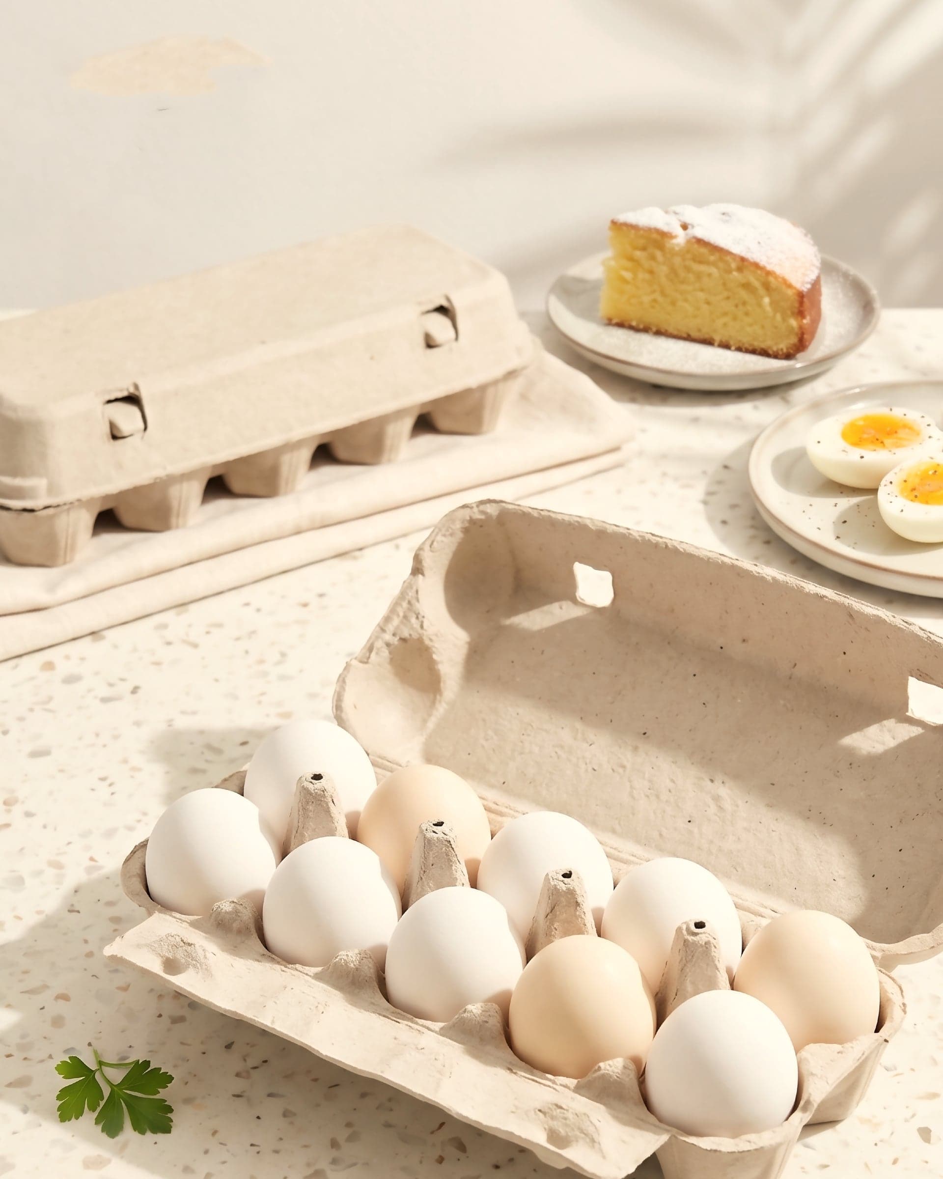 A basket of fresh eggs on linen
