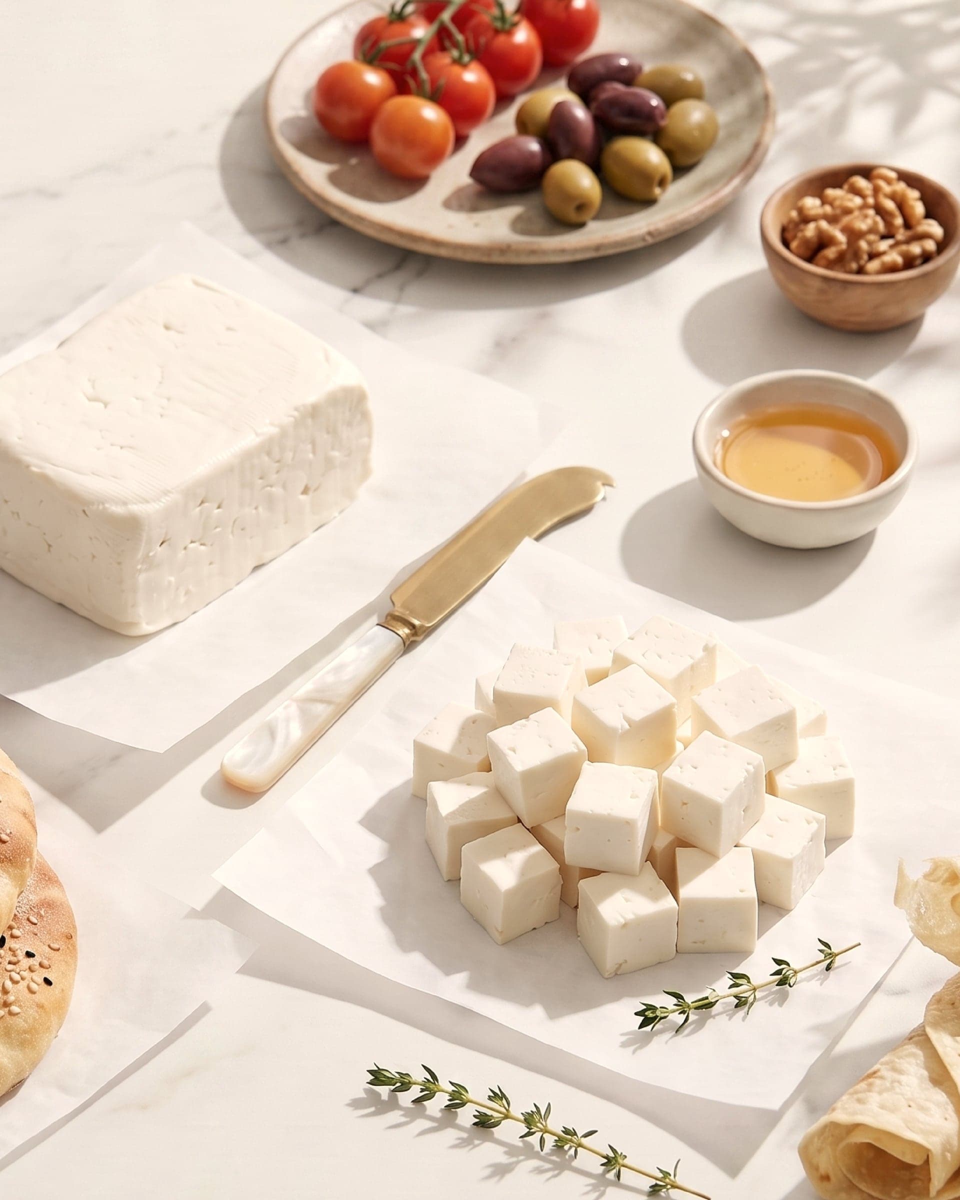 A block of fresh white cheese